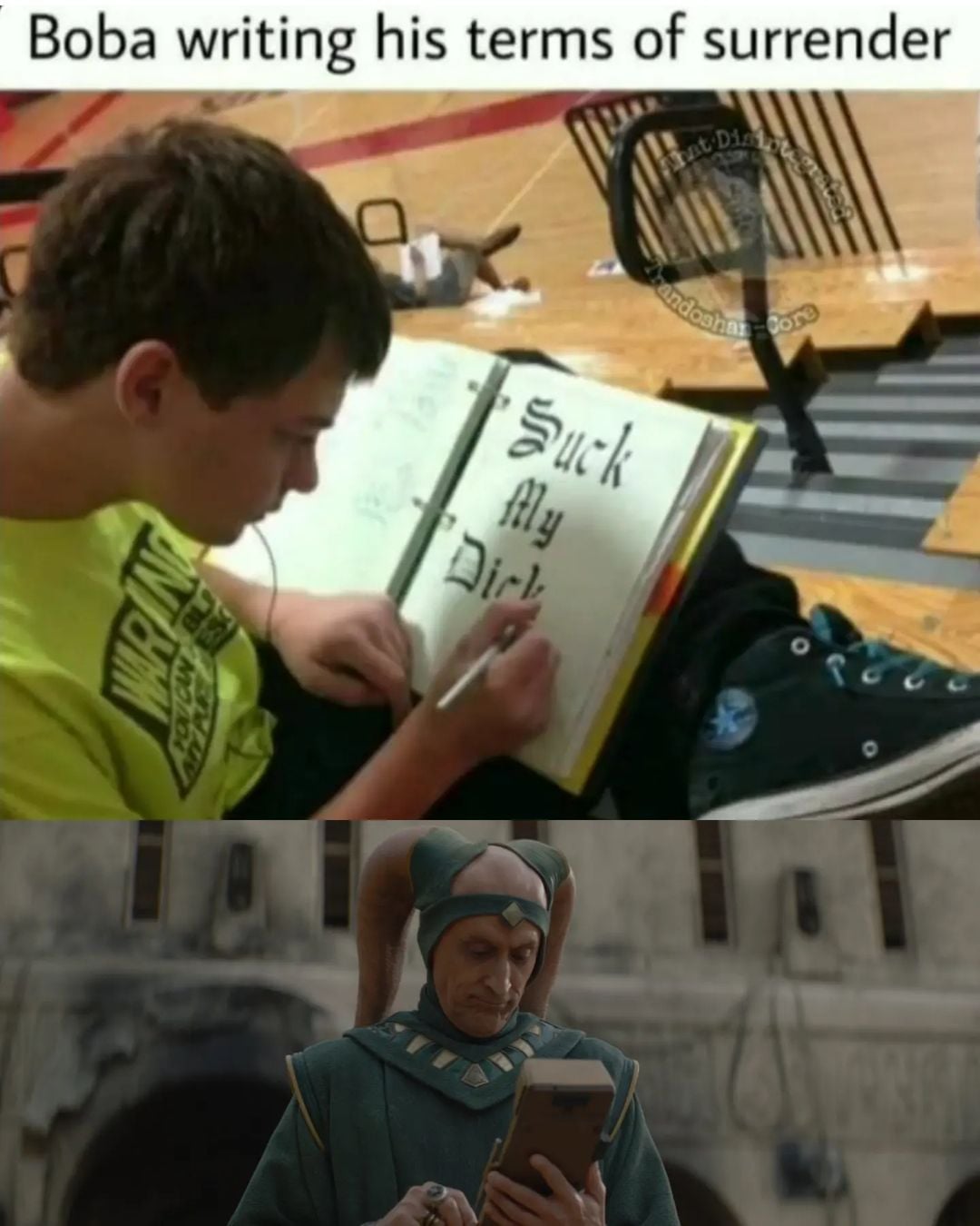 This meme is a play on the iconic "I find your lack of faith disturbing" line from Star Wars, but with a humorous twist. The image shows a character from the Star Wars prequels, Tantive IV's Captain, being replaced with a character from a different franchise, Boba Fett, writing the same phrase but with a more... let's say, "relaxed" tone. The text on the image reads "I find your lack of... enthusiasm... disturbing".